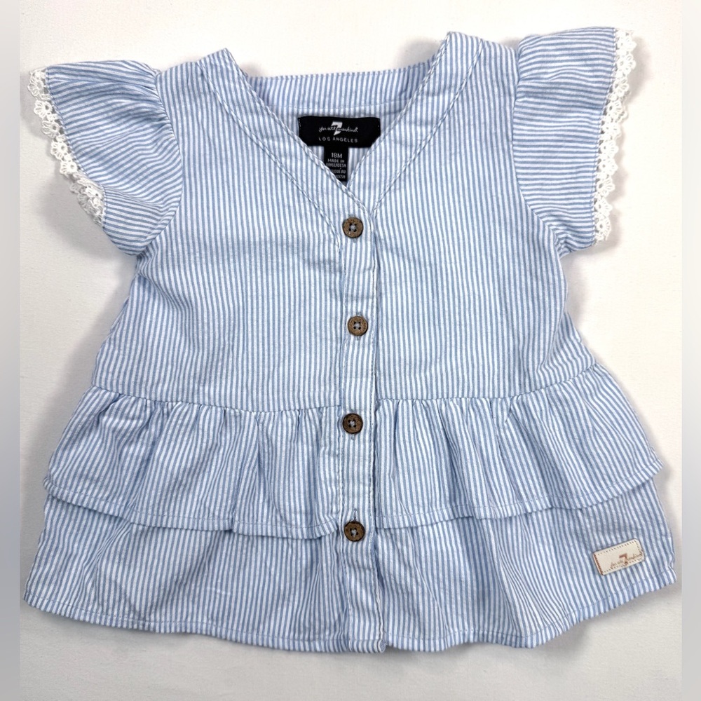 7 FOR ALL MANKIND Baby‎ Girls’ Striped Seersucker Lace Trim Ruffle Blouse 18M